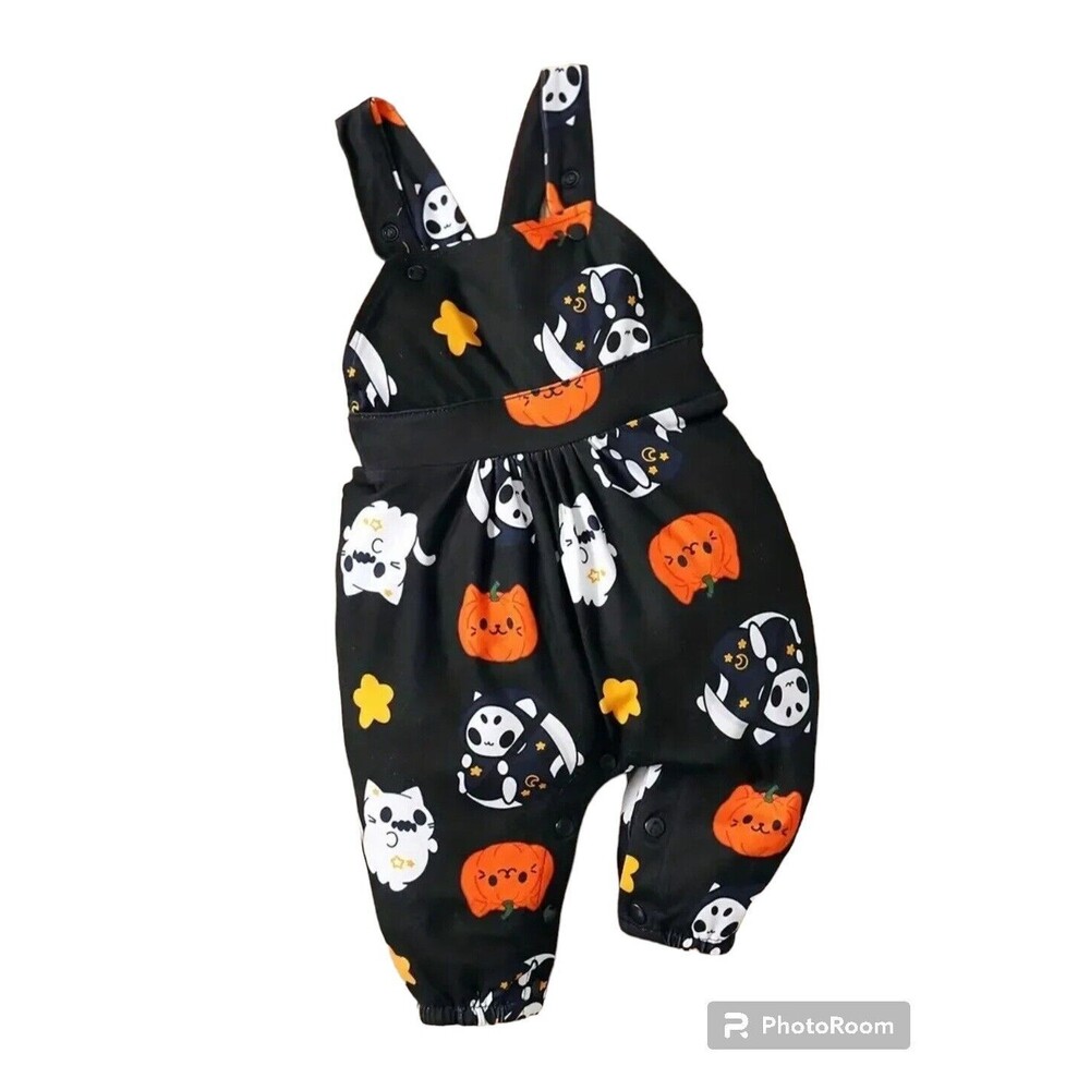 0-3M Baby Cute Halloween Theme Graphic Long Romper With Shoulder Straps